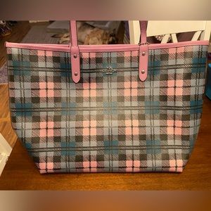 Plaid reversible Coach tote with matching wristlet